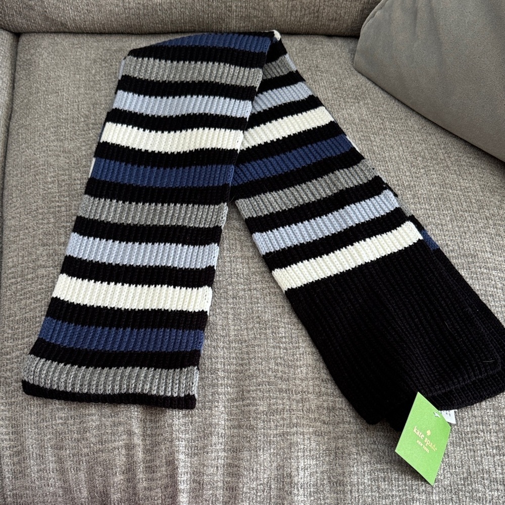 Kate Spade Black, Blue, Gray, and White Striped Scarf
